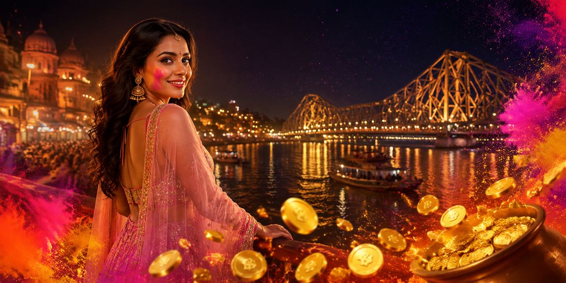View of Howrah Bridge and rummy players celebrating Holi festival in Kolkata